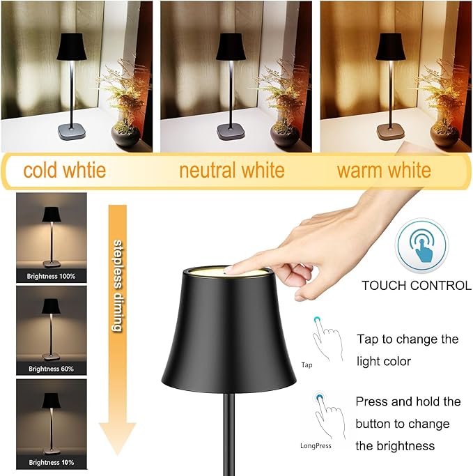 Table Lamps for Living Room Set of 2: Bedside Lamps for Nightstand: 5400mAh 72 Hours Battery Operated Rechargeable Cordless Table Lamp for Bedroom LED Dimmable Wireless Touch Desk Lamp