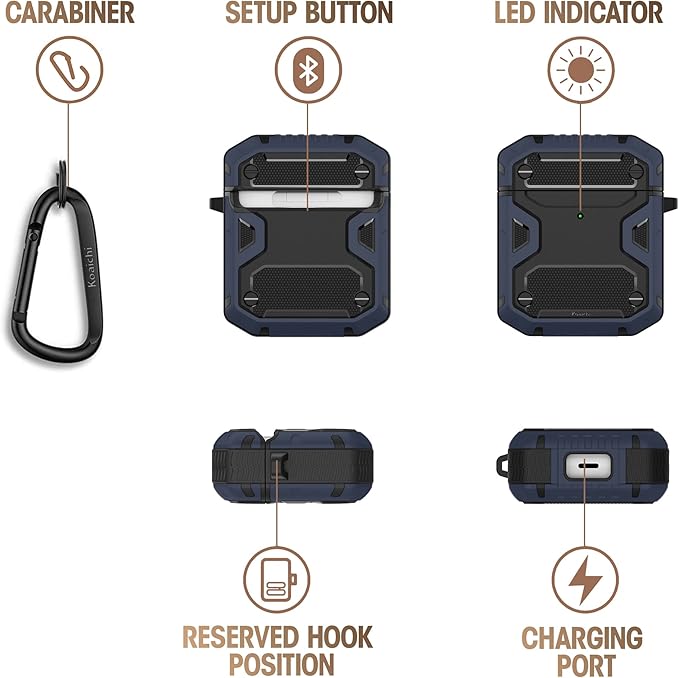 Koaichi Compatible with AirPods Case, Full-Body Rugged Hard Shell Protective Case Cover with Keychain Designed for AirPods 1st & 2nd, Black/Blue