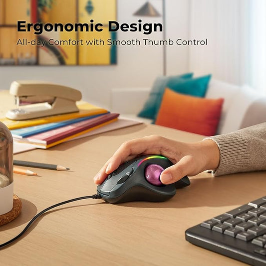 Wired Trackball Mouse with RGB Lighting, Ergonomic Thumb Control to Reduce Muscle Strain, 5 Adjustable DPI, Dual USB-C & USB-A Connectivity, Compatible with PC, Laptop, Mac, Windows-Pink
