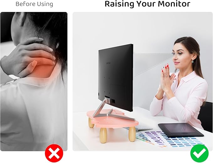 Monitor Stand Riser, Cat-Shaped Sturdy Wood Multi-Purpose Desktop Organizer for Computer, Laptop, Printer, TV, Pink