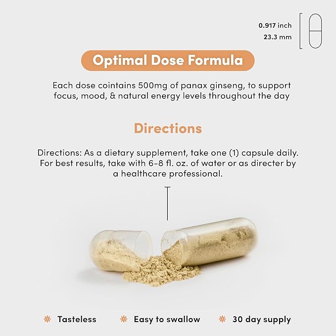 Panax Ginseng Peak 500 mg - Supports Mental Clarity, Energy & Focus - Panax Ginseng Steam & Leaf Extract Supplement for Women & Men - Vegan, Gluten Free, Dairy Free, Non-GMO - 30 Capsules