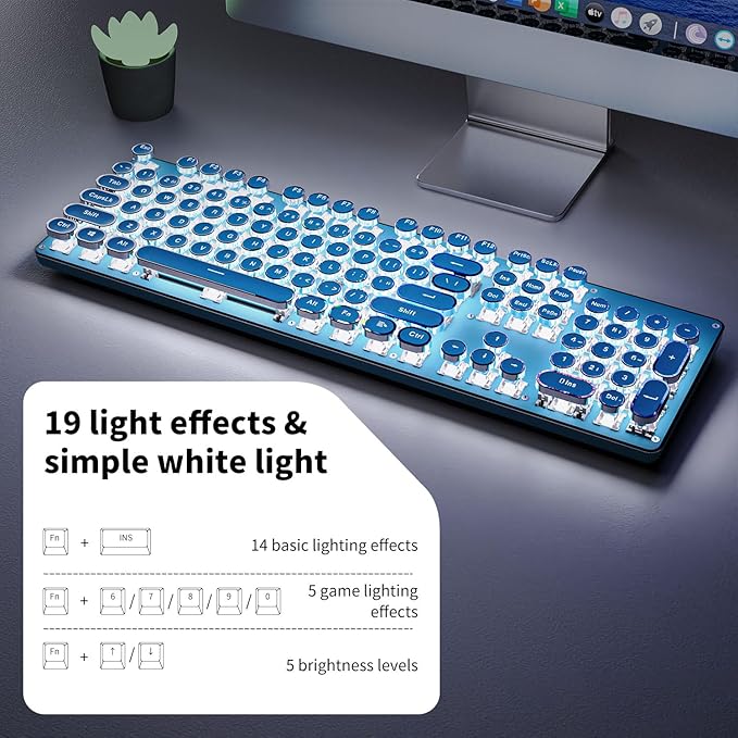 EWEADN TK950 Typewriter Keyboard Wireless Mechanical Keyboard, 104 Keys Aesthetic Typewriter Keyboards with White Backlit, Anti-Ghosting, Blue Switch Bluetooth/2.4GHz/Wired Keyboards-Blue