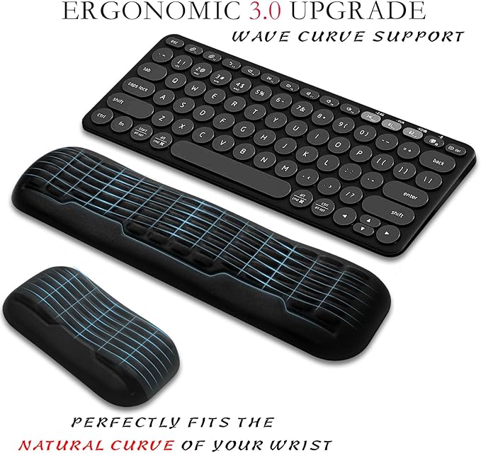 UnivoColors Compact-Sized Keyboard & Mouse Wrist Rest Set-Ergonomic 3.0 Upgrade with Wave Curve Support,Non-Slip Base,Perfect for Work & Gaming(Black)