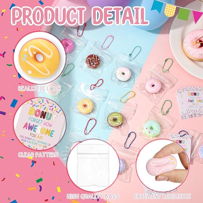Wettarn 30 Sets Donut Stress Balls with Inspirational Support Card, Donut Relief Toy Thank You Gifts Employee Appreciation Gifts for Coworker Staff Teacher Classroom Rewards Party Favors