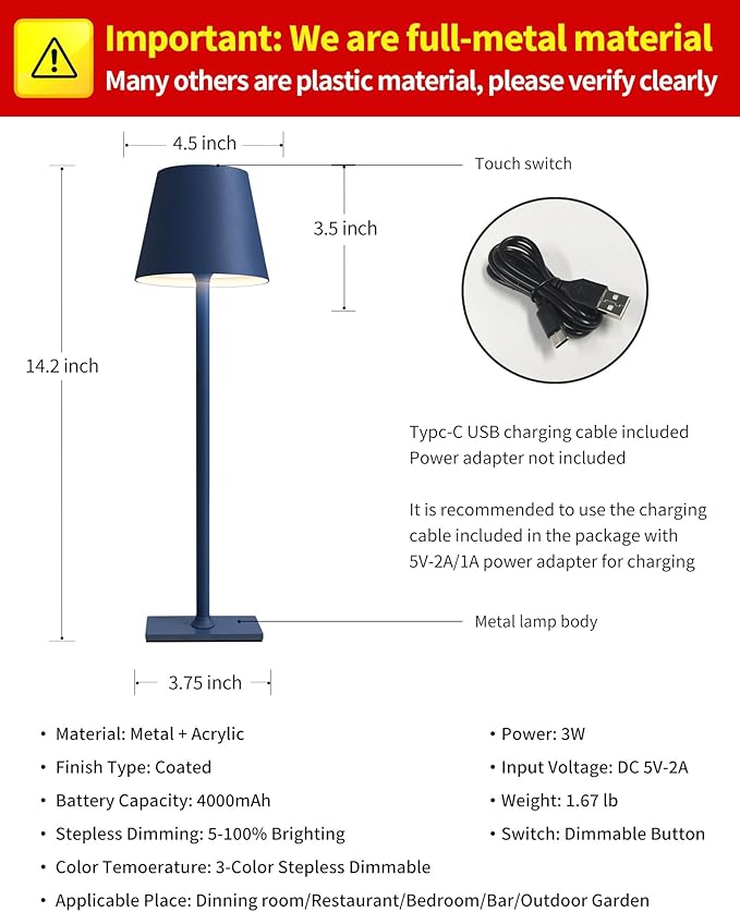 KDG 2 Pack Cordless Table Lamp,Portable LED Desk Lamp, 4000mAh Battery Operated, 3 Color Stepless Dimming Up, for Restaurant/Bedroom/Bars/Outdoor Party/Camping/Coffee Shop Night Light(Blue)