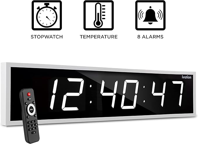 Ivation Huge Oversized 60" Large Digital LED Clock | Big Digital Clock w/Multi-Function Display – Stopwatch, Timer, Alarms, Temp & Date | 6 Brightness Levels, Time Memory & Remote (White)