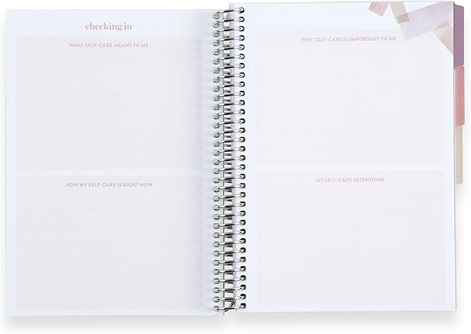 Erin Condren A5 Spiral Bound Self Care Journal Metallic Blooms. Daily Self-Care Reflection Pages. Weekly, Monthly & Quarterly Reflection. Monthly Tracker Pages. 3 Tabs. Sticker Sheet Included