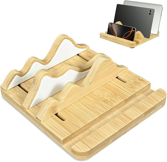 Wooden Vertical Laptop Stand, Double Stand Adjustable Laptop Holder Mountain Shape 3 Slots Desktop Dock Compatible with All MacBook/Surface/Samsung/HP/Dell and Other Laptops