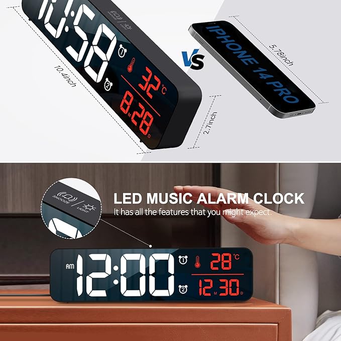 Digital Clock, Clock for Bedroom, Digital Wall Clock, Clocks for Living Room Decor, Desk Clock, Table Clock, Digital Clock Large Display, Smart Alarm Clock for Office Red (Wired Black+Red Digit)