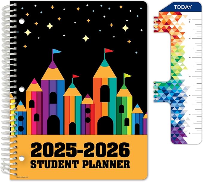 Global Datebooks 2025-2026 Elementary Student Planner 8.5x11 - Dated Weekly & Monthly Academic Planner (Large) with Ruler/Bookmark & Stickers, Ideal for Homework, Matrix Style, Pencil Castle
