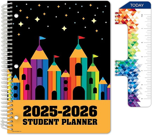 Global Datebooks 2025-2026 Elementary Student Planner 8.5x11 - Dated Weekly & Monthly Academic Planner (Large) with Ruler/Bookmark & Stickers, Ideal for Homework, Matrix Style, Pencil Castle