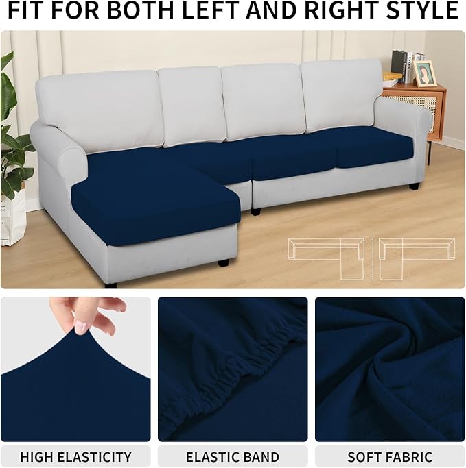 Easy-Going 100% Waterproof 4 Pieces Couch Cushion Covers for Sectional Sofa Left/Right L Shape Chaise Lounge Sofa Seat slipcover Anti-Slip Sofa Cover (3 Seater + 1 Chaise, Navy