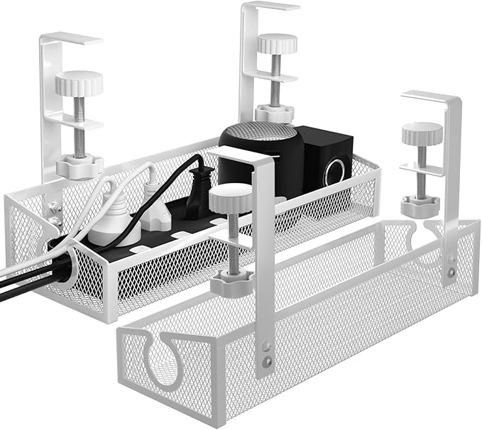 Under Desk Cable Management Tray White, No Drill Desk Cable Management Organizer with Clamp for Desk Wire Management, Desk PC Cord Organizer Accessories & Workspace Organizers for Office, Home(2 Pack)
