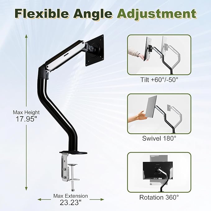 NicBex Single Monitor Arm, Adjustable Monitor Mount Desk Stand for 15 to 32 inch Screens, Computer Monitors Gas Spring Arm Holds Up to 19.84 lbs, VESA Mount with 75x75/100x100 mm - Black