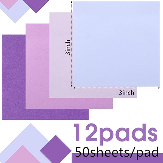 Thenshop 12 Pads Purple Sticky Notes 3''x3'', Self Stick Notes Pads Purple Office Supplies, Vintage Aesthetic School Accessories 50 Sheets/pad
