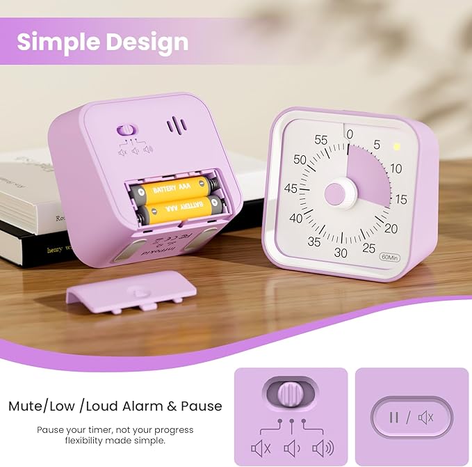 Visual Timer for Kids with Pause Function, 60 Minute Countdown Timer for Kids Desk Study, Teaching, Kitchen Cooking, Office Meetings, Time Management for ADHD (Purple)
