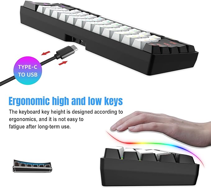 Snpurdiri 2.4G Wireless Gaming Keyboard and Mouse Combo, Include Mini 60% Merchanical Feel RGB Backlit Keyboard, Ergonomic Vertical Feel Small Wireless Mouse(Black and White)