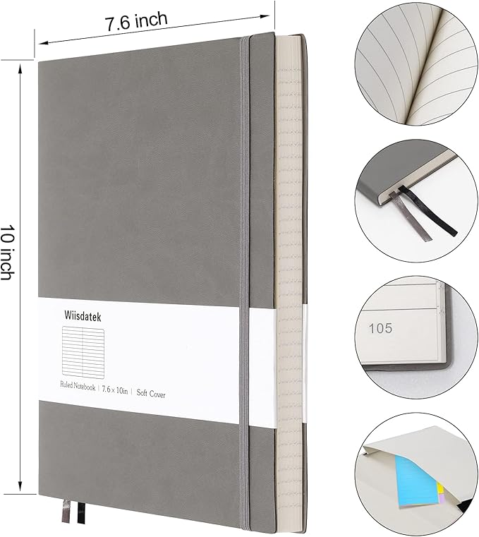 B5 College Ruled Notebooks - 2 Pack B5 Large Journal Notebooks with 376 Numbered Pages,100gsm Thick Lined Paper,Soft PU Leather Cover,7.6 X 10 inch(GRAY)