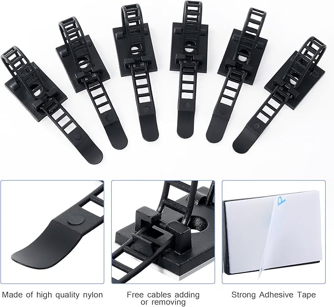 100PCS Adhesive Cable Ties Cable Clips, Self-adhesive Nylon Cable Straps, Adhesive Cable Management Clips for Wire Management (Black-Adhesive Cable Ties)