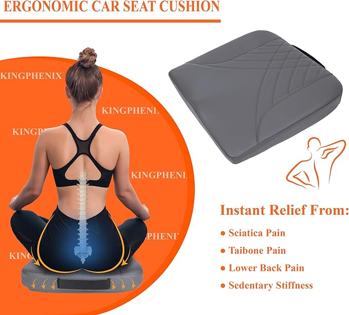 kingphenix Premium Car Seat Cushion, Memory Foam Driver Seat Cushion to Improve Driving View- Coccyx & Lower Back Pain Relief - Seat Cushion for Car, Truck, Office Chair (Dark Gray)