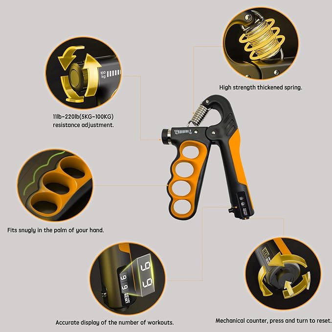 Grip Strength Trainer, Hand Grip Strengthener, Forearm Strengthener, Adjustable Resistance 11 Lbs - 220 Lbs, Ergonomic Design