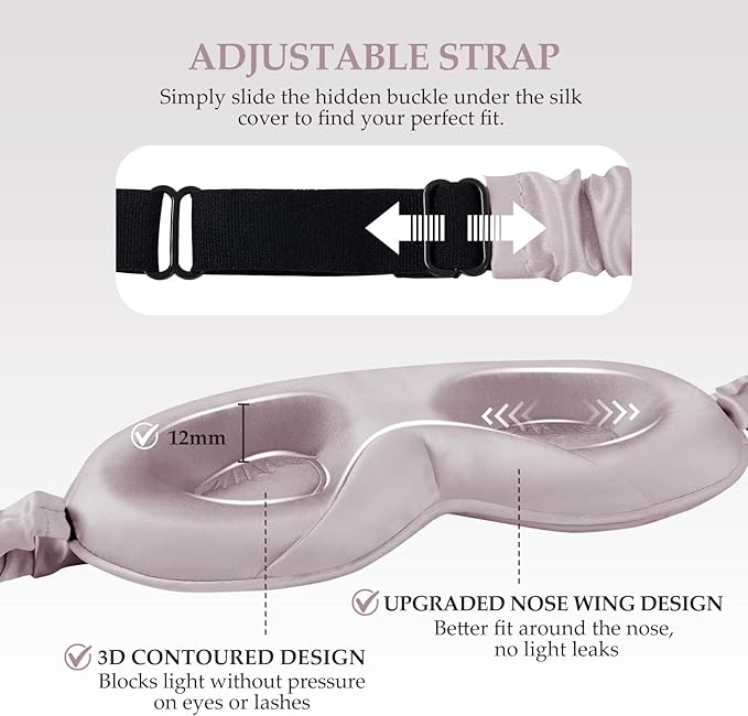 100% 22 Momme Mulberry Silk Sleep Mask with Adjustable Strap, 3D Contoured Cup Silk Eye Mask for Sleeping, Total Black Out, Dusty Purple