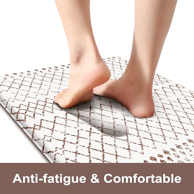 KIMODE Anti Fatigue Kitchen Mats 2PCS 17"x59"+17"x29", Cushioned Boho Kitchen Runner Rugs,Non Slip Waterproof Kitchen Mats for Floor,Comfort Standing Desk Mat for Home,Sink,Laundry,Brown and White