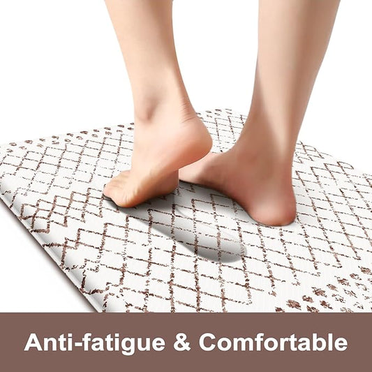 KIMODE Anti Fatigue Kitchen Mats 2PCS 17"x59"+17"x29", Cushioned Boho Kitchen Runner Rugs,Non Slip Waterproof Kitchen Mats for Floor,Comfort Standing Desk Mat for Home,Sink,Laundry,Brown and White