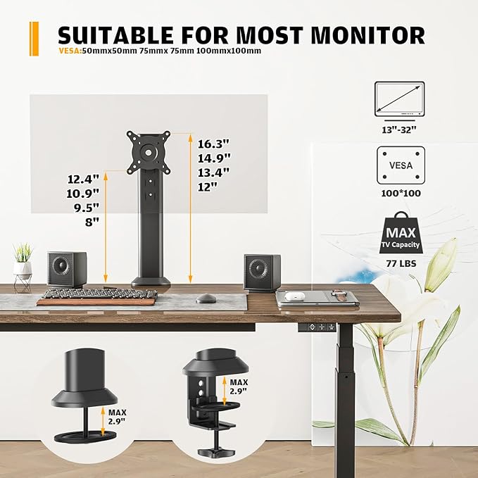 HEMUDU Single Desk Monitor Arm Mount Stand Fit for 13 inch to 32 inch Flat Curved Computer Screen with Swivel, Height Adjustable, Rotation,Holds up to 77lbs, Black