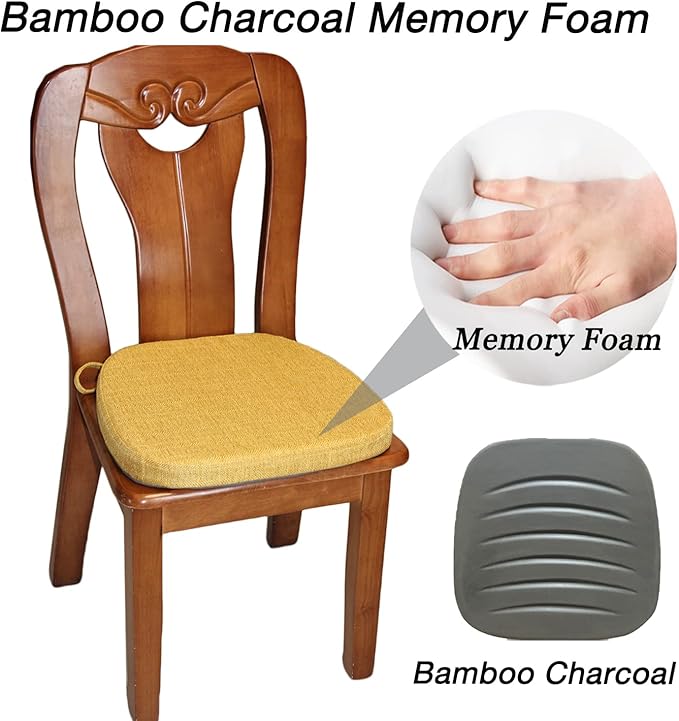 Chair Pads for Dining Chairs - Memory Foam Non Slip Kitchen Chair Cushion and Seat Cushion with Machine Washable Cover [16.5 x 16.2 Inches] - Yellow