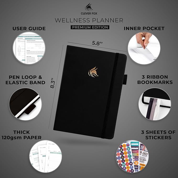 Clever Fox Wellness Planner - Weekly & Daily Health and Wellness Log, Food Journal & Meal Planner Diary for Calorie Counting, Notebook for Medical Condition Tracking, A5-Sized - Black
