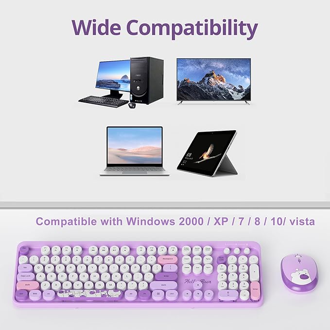 Fogruaden Wireless Keyboard and Mouse Combo 2.4GHz Retro Typewriter Keyboard, 104 Keys Full Size Round Keycap Cute Keyboard and Mouse with Number Pad, Purple Colorful Keyboard for Windows PC Laptop