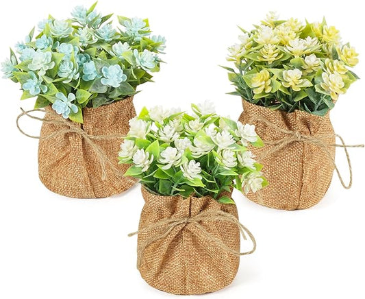 Velener Artificial Flowers in Small Burlap Bag Vases 3Pcs - Faux Flowers Farmhouse, Fake Plants Home Coffee Table Bookshelf Office Desk Decorations Kitchen Dining Room Indoor(White/Yellow/Blue)
