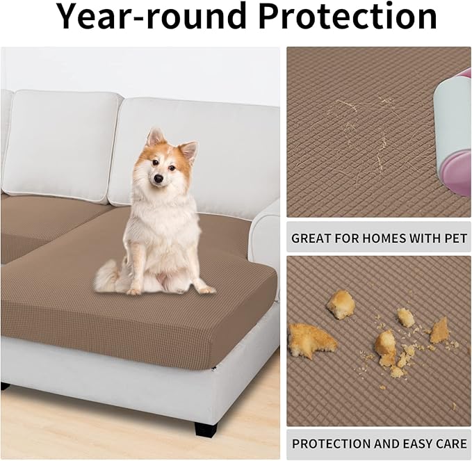 Easy-Going Stretch 3 Pieces Couch Cushion Covers for Sectional Sofa Left/Right L Shape Chaise Lounge Sofa Seat slipcover Anti-Slip Sofa Cover Soft (2 Seater + 1 Chaise, Camel)