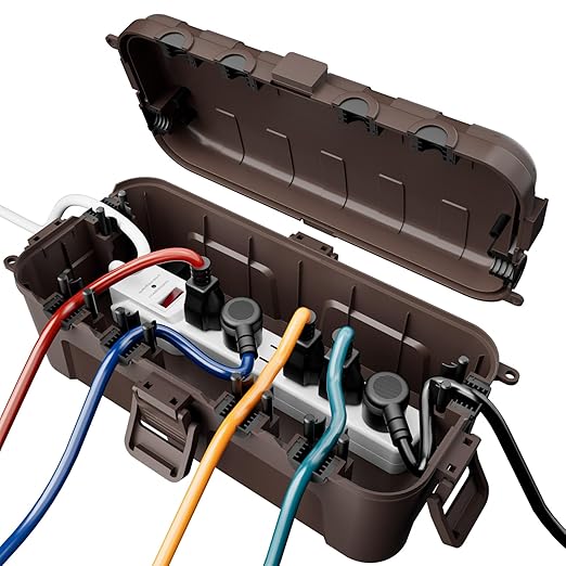RESTMO Outdoor Electrical Box, IP54 Weatherproof Extension Cord Cover with 6 Cable Entry Ports, Waterproof Connection Box Protect Power Strip, Timer, Plug, Holiday Lights, (11.5x5.2x4 inch), Brown