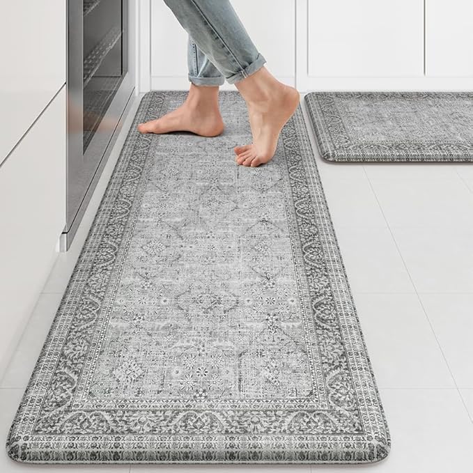 KIMODE Anti Fatigue Kitchen Mat 2PCS,Waterproof Farmhouse Kitchen Rugs Non-Slip,Vintage Grey Kitchen Mat for Floor,Cushioned Comfort Foam Standing Mat for Laundry,Office,Sink,Desk