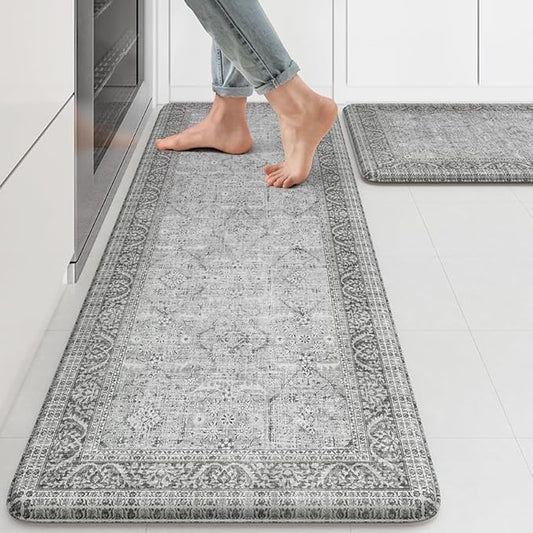 KIMODE Anti Fatigue Kitchen Mat 2PCS,Waterproof Farmhouse Kitchen Rugs Non-Slip,Vintage Grey Kitchen Mat for Floor,Cushioned Comfort Foam Standing Mat for Laundry,Office,Sink,Desk