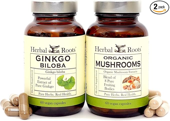 Herbal Roots Brain Health Duo, Organic Mushrooms and Organic Ginkgo Biloba, Powerful Boost for Brain Health, Non-GMO
