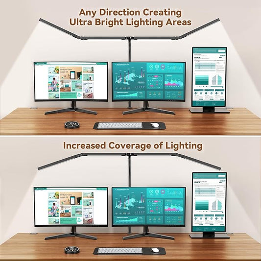 Led Desk Lamps for Home Office - Eye Caring Architect Lamp with Clamp, Double Head Computer Monitor Gooseneck Desk Light with Remote Control: 24W Flexible Dimmable Desktop Table Lamp