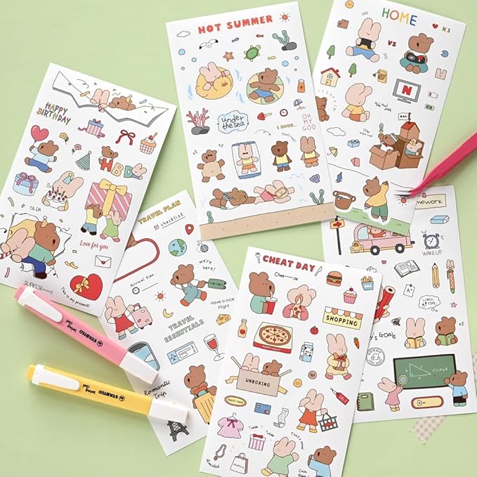 Monolike Happy & Lucky Littles Theme Sticker 6P Set - Aesthetic Removable Stickers for Journaling, Scrapbooking, Multicolor, Size: 4.33 x 5.51 inches