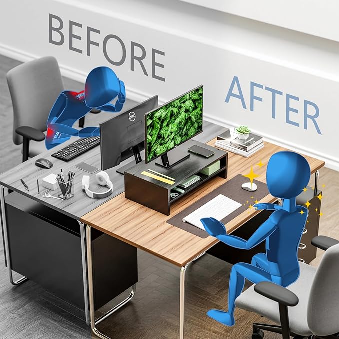 Simpple Trending Monitor Stand Riser, 2 Tier Wood Office Desk Storage Organizer for Laptop, Computer, Black