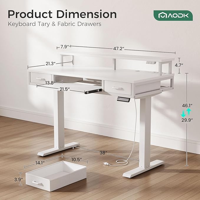 AODK Electric Standing Desk with Drawers & Keyboard Tray, 47 Inch Height Adjustable Small Gaming Desk with Power Outlets & LED Lights, Sit Stand Table with Monitor Stand for Home, Office, White