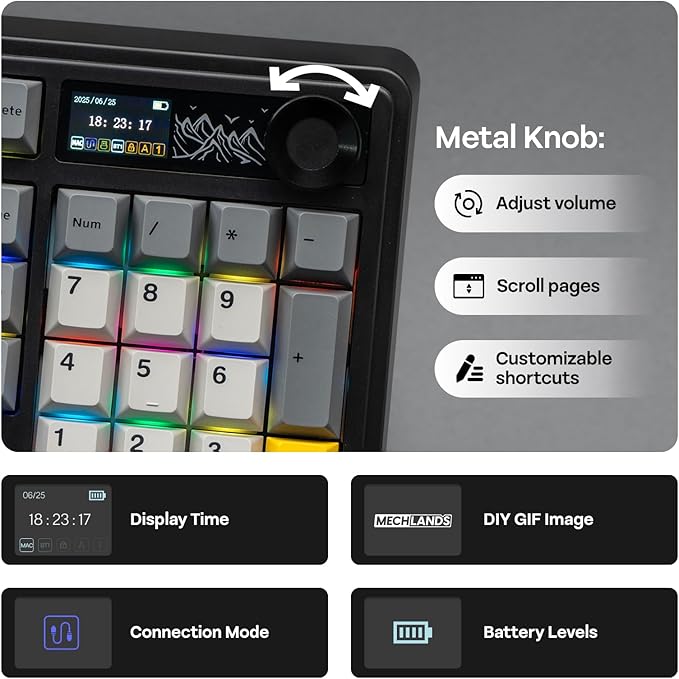 AJAZZ AK980 96% USB-C/BT5.0/2.4GHz Wireless Gaming Keyboard with 1.14’’ TFT Screen, Hot Swappable Creamy Mechanical Keyboard with FR4 Plate, Knob, RGB for Win/Mac (Black, Gift V2 Switch)