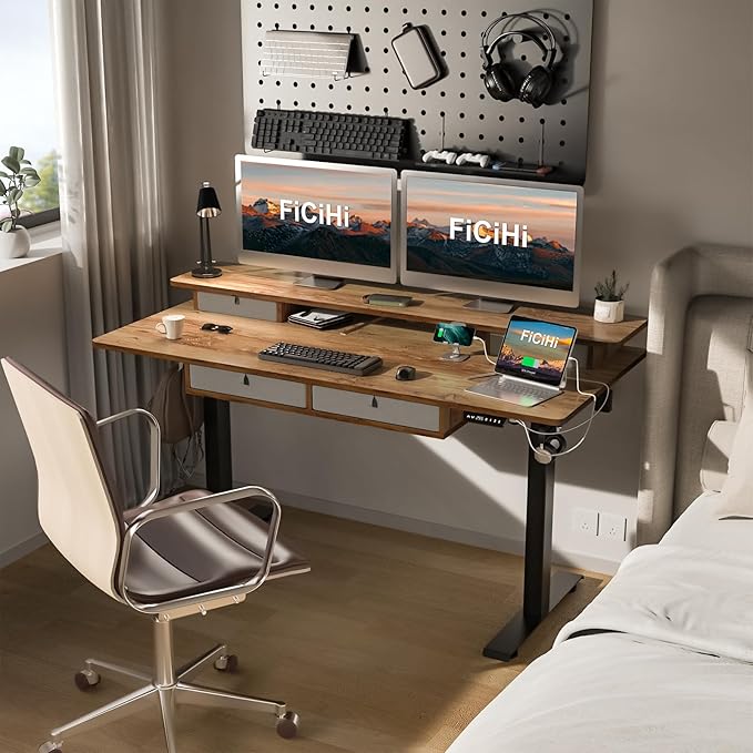 Adjustable Height Standing Desk with 4 Drawers,63 x 30 inches Electric Sit Stand Desk for Home Office,3 Memory Presets,Monitor Stand Riser,USB A/C Charging Port