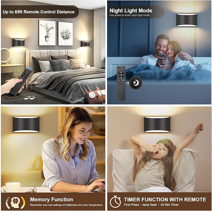 TRLIFE Modern LED Wall Sconces, Remote Control Dimmable and Adjustable Color Temperature 3000K~6000K Aluminum 12W Hardwired 120V AC Dimmable Wall Mounted Light for Bedroom Living Room(Black, 2 Pack)