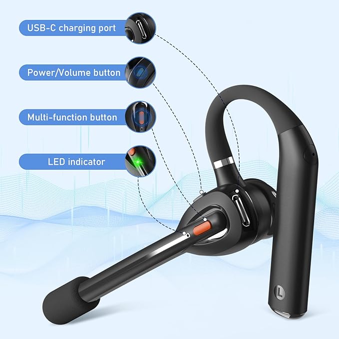 Single Ear Bluetooth Headset with Dual Mic, 50dB AI ENC Call Background Noise Cancelling Wireless Earpiece for Trucker Driver, Business Office, Home Work