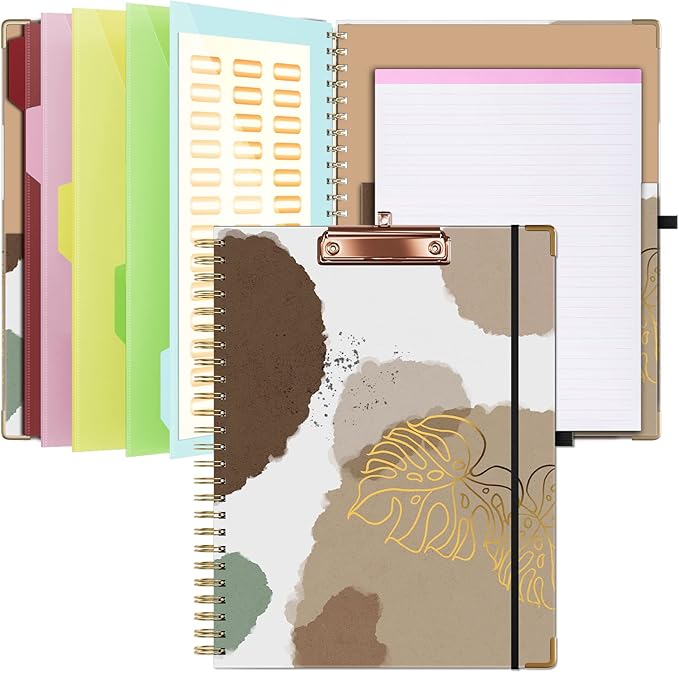 Ospelelf Clipboard with Storage 8.5 X 11，Padfolio Organizer, Spiral Portfolio Letter Size with Notepad, Pen Holder, 5 Extra Folder Divider Pages, Elastic Closure Nurse Essentials(Earthy Abstract)