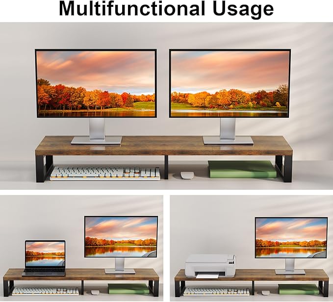 Zimilar Dual Monitor Stand Riser, Large Monitor Stand for Desk, Wood Monitor Riser with Storage Organizer for Home Office, Monitor Stands for 2 Monitors, Desktop Wooden Monitor Riser for Computer