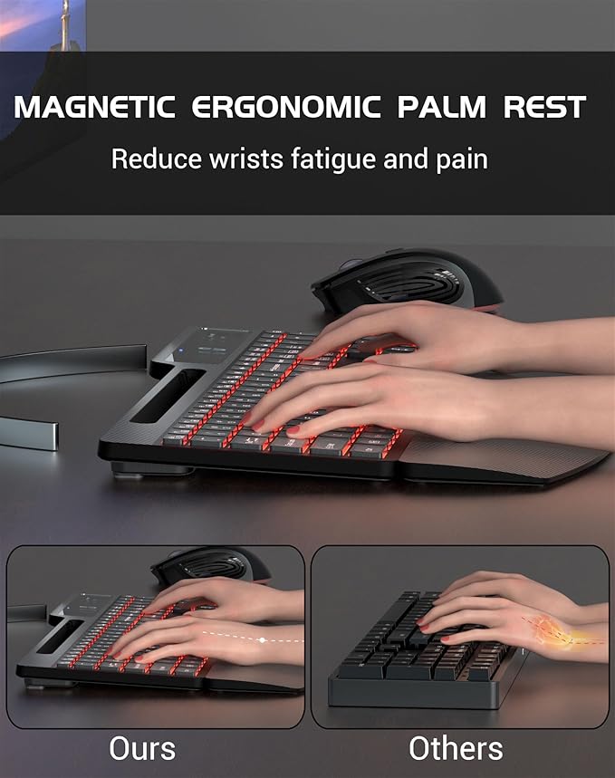 Wireless Keyboard Mouse Combo, Full Size Ergonomic Keyboard with Backlit, Wrist Rest, Calculator, Phone Holder, 2.4Ghz Silent Cordless Rechargeable Keyboard & Mouse for Laptop, PC, Windows, Mac OS