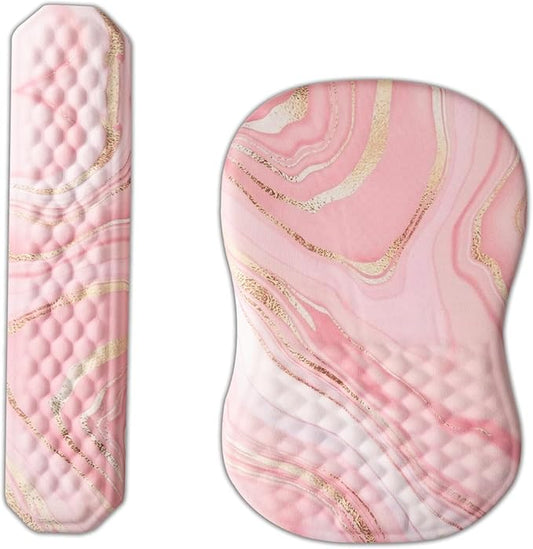 Ergonomic Mouse Pad Wrist Support and Keyboard Wrist Rest, Computer Carpal Tunnel Mouse Pads for Desk with Coaster Set, Memory Foam Mousepad with Non-Slip PU Base for Home Office (Marble Light Pink)